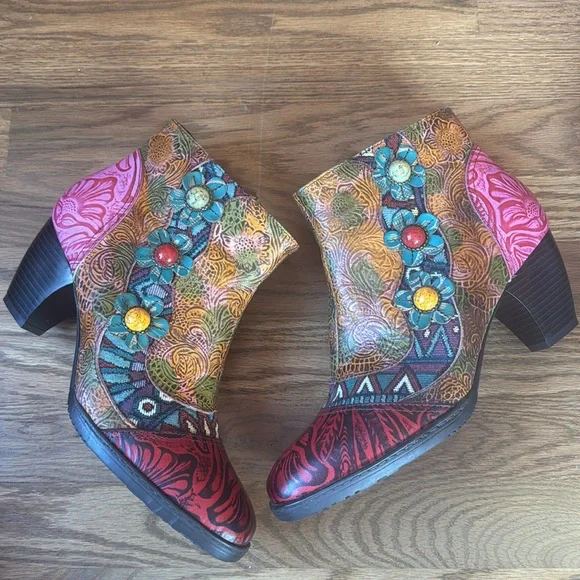 NEW Socofy Bohemian Heeled Leather Ankle Boots - Picture 5 of 10